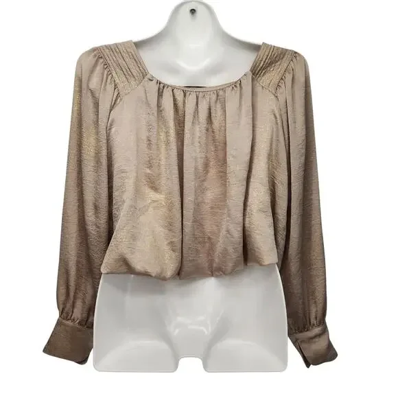 Current Air Champagne Gold Shimmer Balloon Sleeve Bloused Cropped Top Women's S - Picture 9 of 9